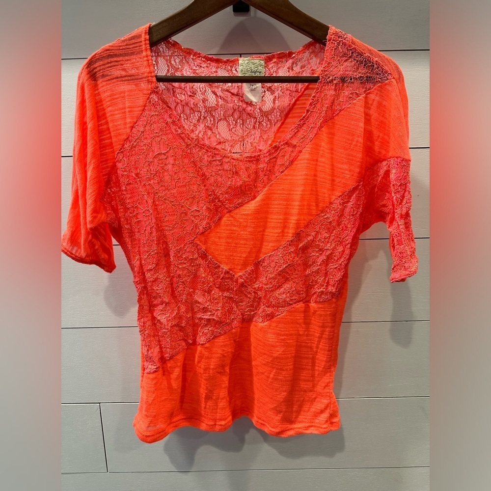 Daytrip Women's Bright Orange Lace Patchwork Top- size X- Small